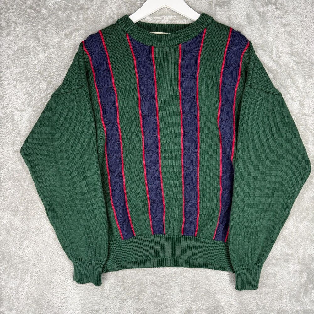 Vtg 90s Cable Knit Sweater Mens XL Green Blue Red Vertical Stripe John Ashford